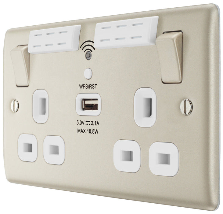 BG NPR22UWRW Nexus Metal Double Socket 13A + Wifi Extender +1x USB(2.1A) - White Insert - Pearl Nickel - westbasedirect.com