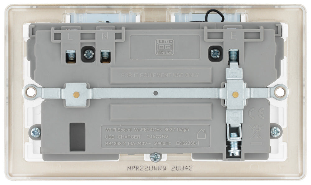 BG NPR22UWRW Nexus Metal Double Socket 13A + Wifi Extender +1x USB(2.1A) - White Insert - Pearl Nickel - westbasedirect.com