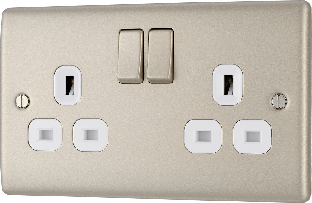 BG NPR22W Nexus Metal Double Socket 13A - White Insert - Pearl Nickel - westbasedirect.com