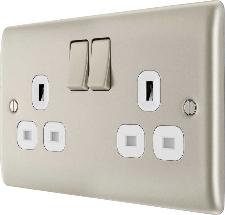 BG NPR22W Nexus Metal Double Socket 13A - White Insert - Pearl Nickel - westbasedirect.com