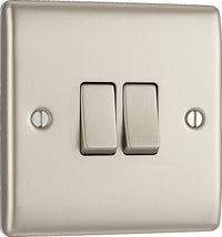 BG NPR42 Nexus Metal 20A 16AX 2 Way Double Light Switch - Pearl Nickel