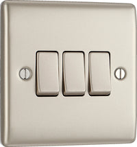 BG NPR43 Nexus Metal 20A 16AX 2 Way Triple Light Switch - Pearl Nickel