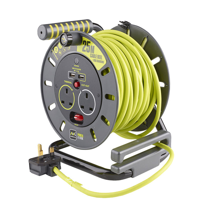 Masterplug PRO-XT 2 Socket 25m 13A MED Open Reel + USB - westbasedirect.com