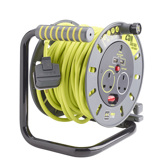 Masterplug PRO-XT 2 Socket 25m 13A MED Open Reel + USB - westbasedirect.com