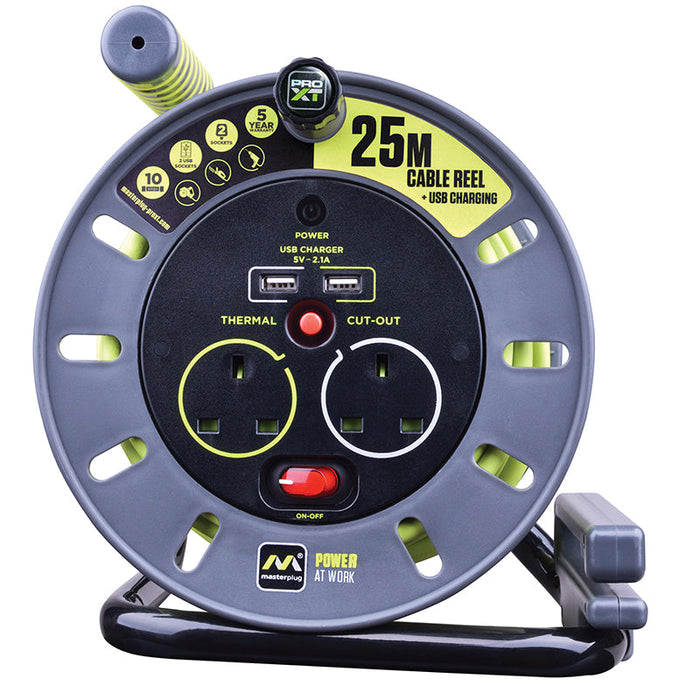 Masterplug PRO-XT 2 Socket 25m 13A MED Open Reel + USB - westbasedirect.com