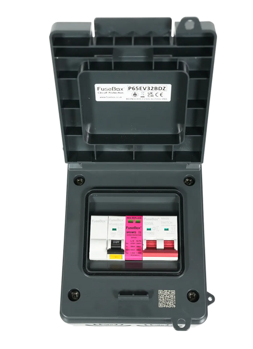 FuseBox P65EV32BDZ IP65 Plastic EV Charger Unit with 100A Main Switch, 32A Type A Bi-Directional Mini RCBO & T2 SPD