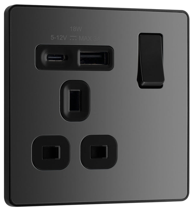 BG Evolve PCDBC21UAC18B 13A Single Switched Power Socket + USB A+C (18W) - Black Chrome (Black)