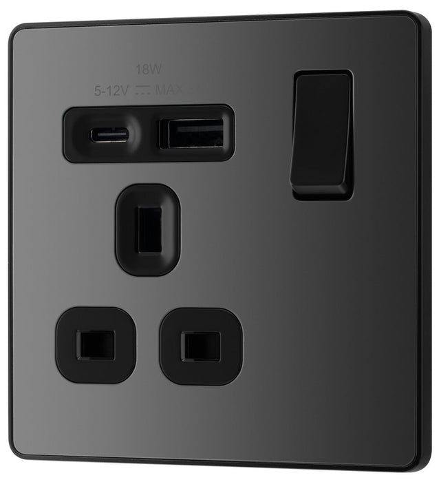 BG Evolve PCDBC21UAC18B 13A Single Switched Power Socket + USB A+C (18W) - Black Chrome (Black)