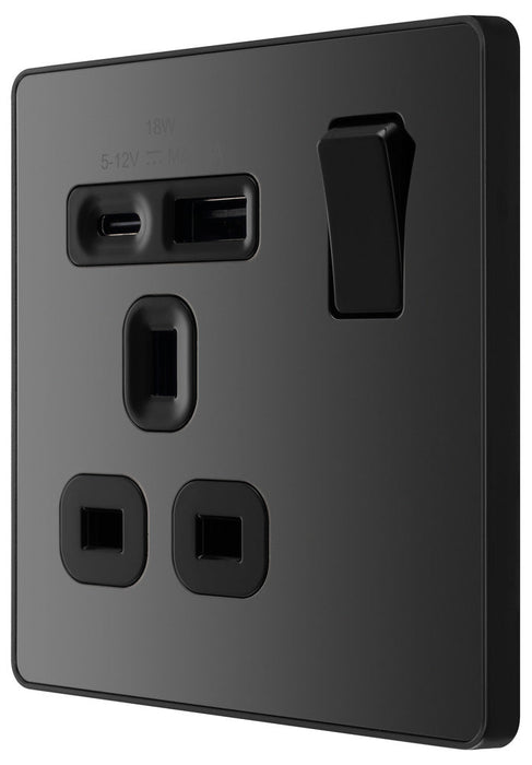 BG Evolve PCDBC21UAC18B 13A Single Switched Power Socket + USB A+C (18W) - Black Chrome (Black)