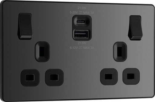 BG Evolve PCDBC22UAC22B 13A Double Switched Power Socket + USB A+C (22W) - Black Chrome (Black) - westbasedirect.com
