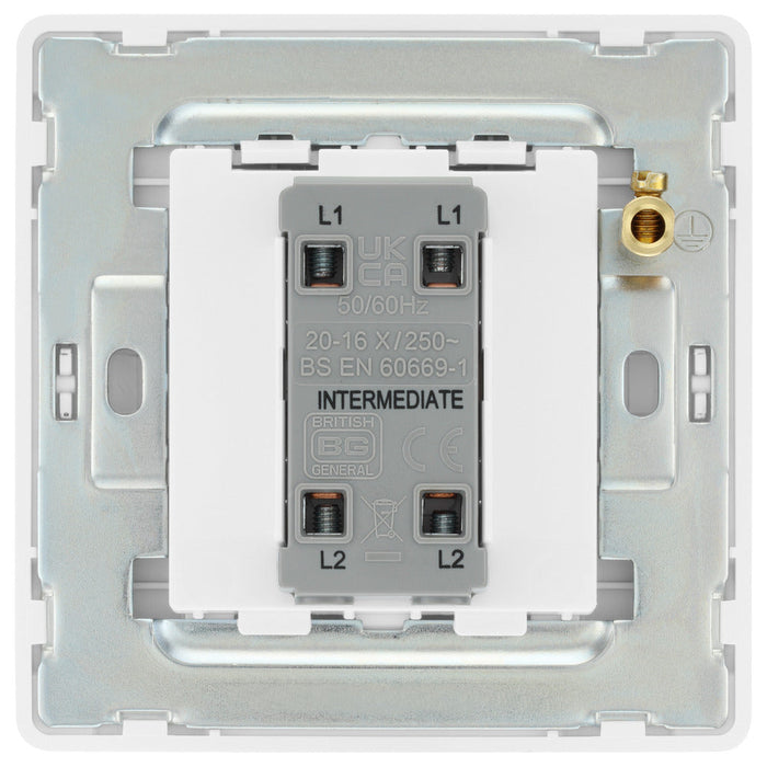 BG Evolve PCDBS13EW 20A 16AX 2 Way Single Intermediate Light Switch, Edge to Edge Rocker - Brushed Steel (White) - westbasedirect.com