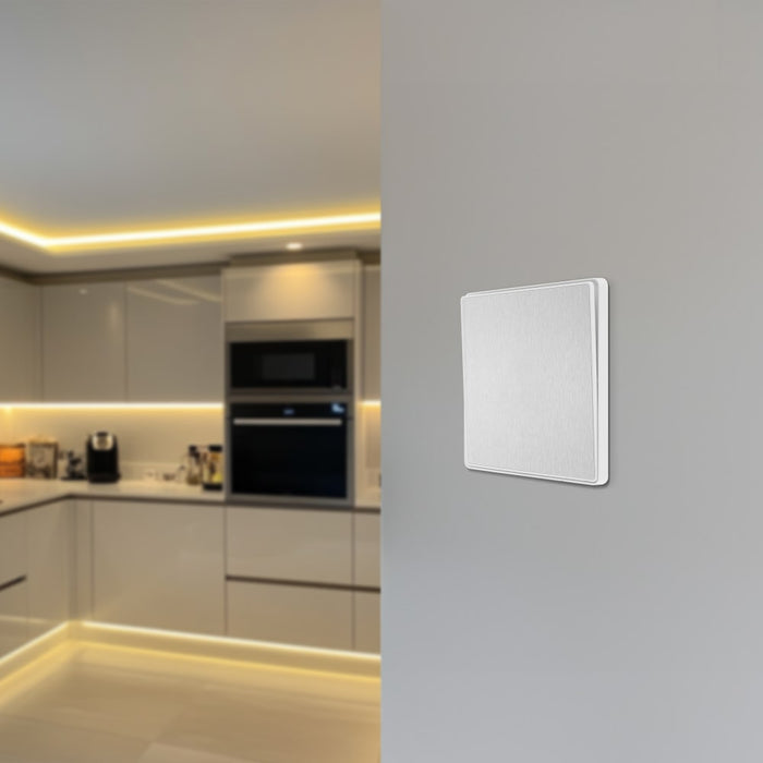 BG Evolve PCDBS13EW 20A 16AX 2 Way Single Intermediate Light Switch, Edge to Edge Rocker - Brushed Steel (White) - westbasedirect.com