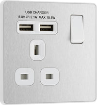 BG Evolve PCDBS21U2W 13A Single Switched Power Socket + 2xUSB(2.1A) - Brushed Steel (White)