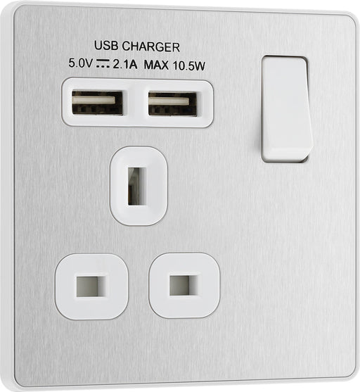 BG Evolve PCDBS21U2W 13A Single Switched Power Socket + 2xUSB(2.1A) - Brushed Steel (White) - westbasedirect.com