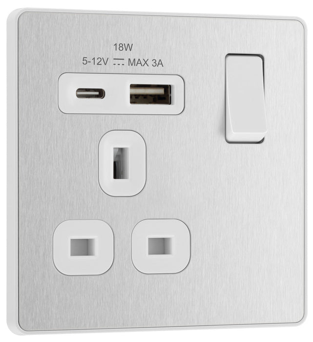 BG Evolve PCDBS21UAC18W 13A Single Switched Power Socket + USB A+C (18W) - Brushed Steel (White)