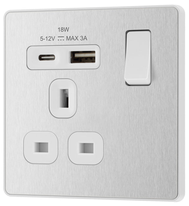 BG Evolve PCDBS21UAC18W 13A Single Switched Power Socket + USB A+C (18W) - Brushed Steel (White)