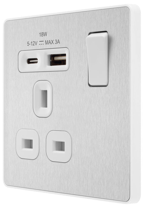 BG Evolve PCDBS21UAC18W 13A Single Switched Power Socket + USB A+C (18W) - Brushed Steel (White)