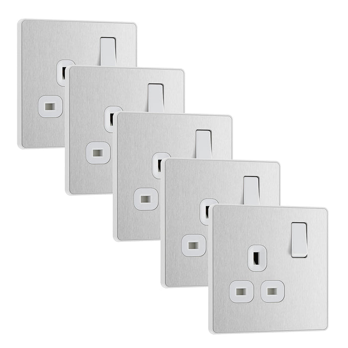 BG Evolve PCDBS21Wx5 13A Single Switched Power Socket - Brushed Steel (White) (5 Pack)
