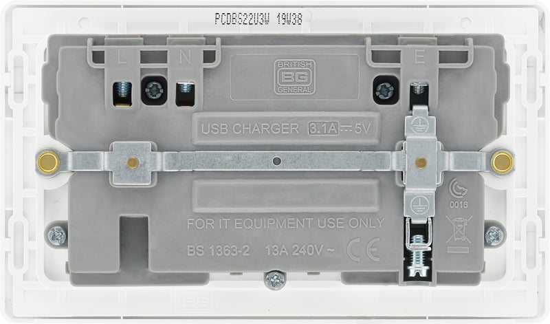 BG Evolve PCDBS22U3W 13A Double Switched Power Socket + 2xUSB(3.1A) - Brushed Steel (White) (5 Pack) - westbasedirect.com