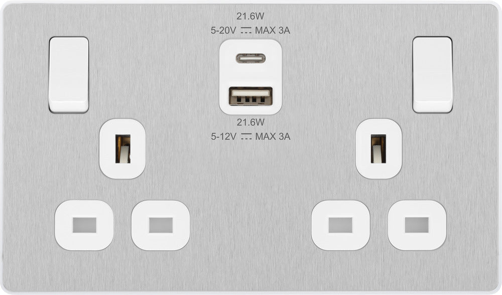 BG Evolve PCDBS22UAC22W 13A Double Switched Power Socket + USB A+C (22W) - Brushed Steel (White) - westbasedirect.com