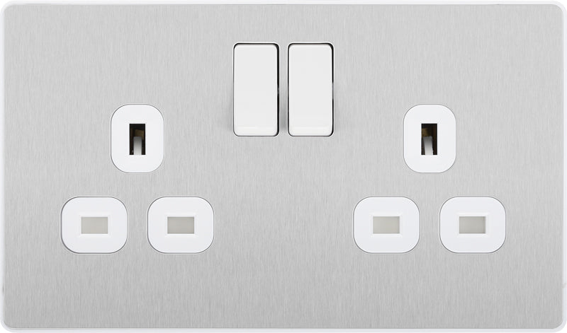 BG Evolve PCDBS22W 13A Double Switched Power Socket - Brushed Steel (White) (5 Pack) - westbasedirect.com