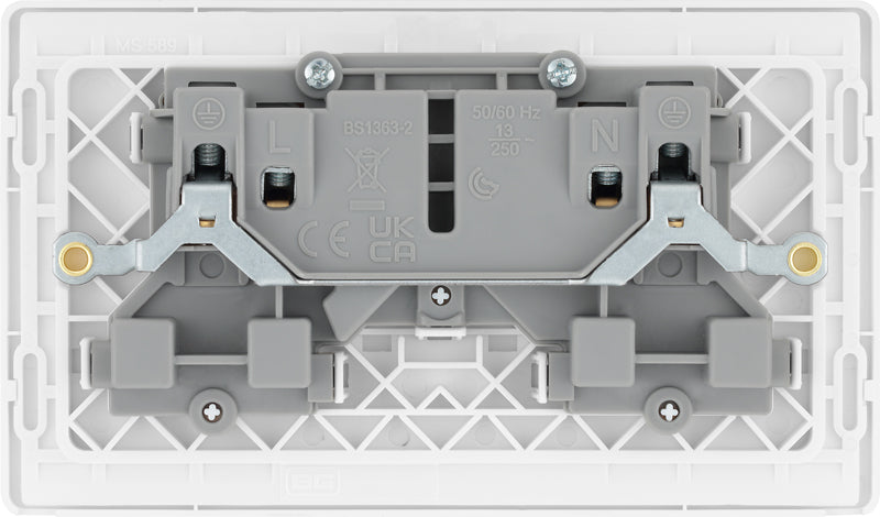 BG Evolve PCDBS22W 13A Double Switched Power Socket - Brushed Steel (White) (5 Pack) - westbasedirect.com