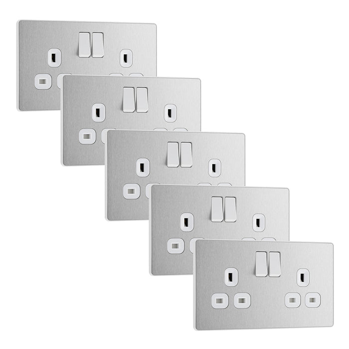 BG Evolve PCDBS22Wx5 13A Double Switched Power Socket - Brushed Steel (White) (5 Pack)