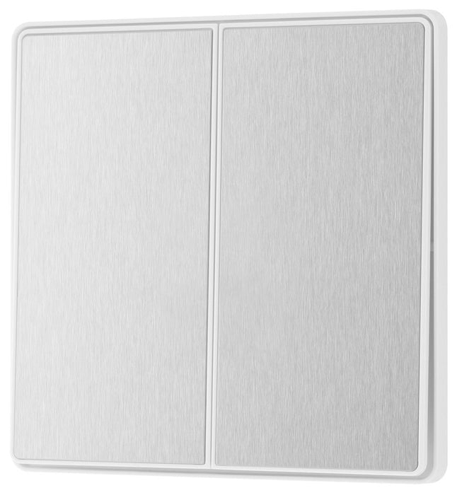 BG Evolve PCDBS42EW 20A 16AX 2 Way Double Light Switch, Edge to Edge Rocker - Brushed Steel (White) - westbasedirect.com