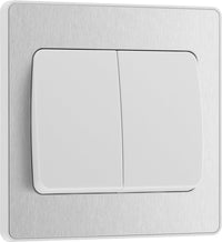 BG Evolve PCDBS42WW 20A 16AX 2 Way Double Light Switch, Wide Rocker - Brushed Steel (White)