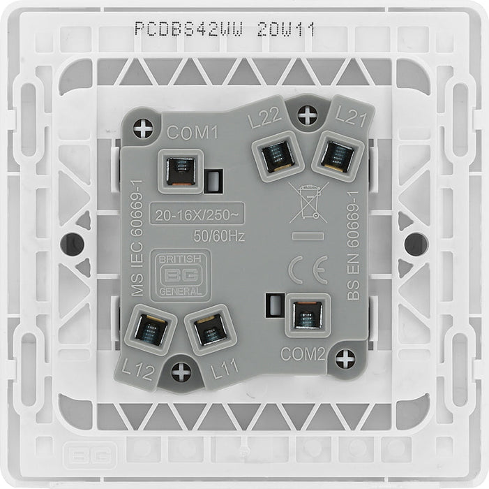 BG Evolve PCDBS42WW 20A 16AX 2 Way Double Light Switch, Wide Rocker - Brushed Steel (White) - westbasedirect.com