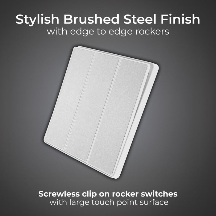 BG Evolve PCDBS43EW 20A 16AX 2 Way Triple Light Switch, Edge to Edge Rocker - Brushed Steel (White) - westbasedirect.com
