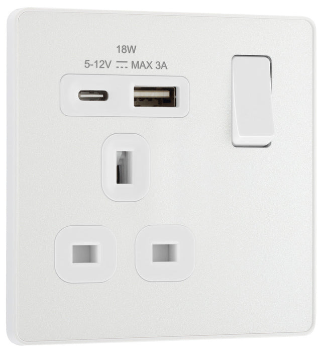 BG Evolve PCDCL21UAC18W 13A Single Switched Power Socket + USB A+C (18W) - Pearlescent White (White)