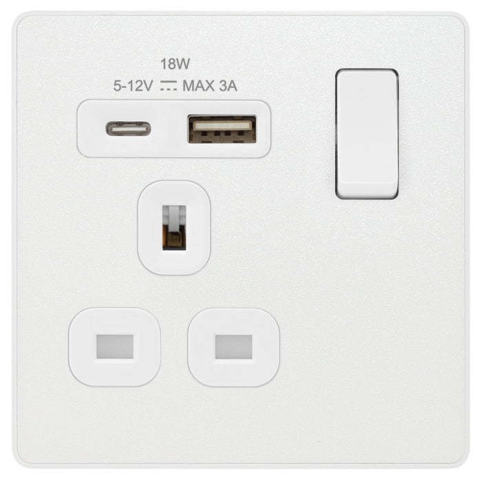 BG Evolve PCDCL21UAC18W 13A Single Switched Power Socket + USB A+C (18W) - Pearlescent White (White)