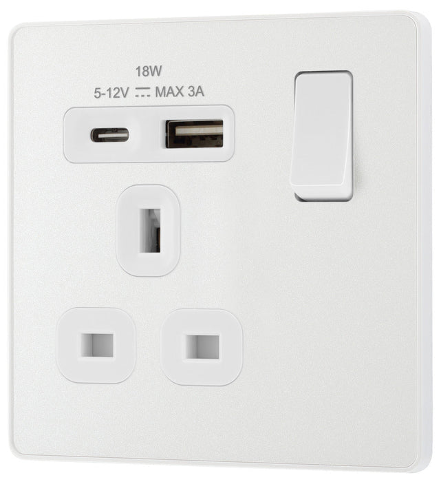 BG Evolve PCDCL21UAC18W 13A Single Switched Power Socket + USB A+C (18W) - Pearlescent White (White)