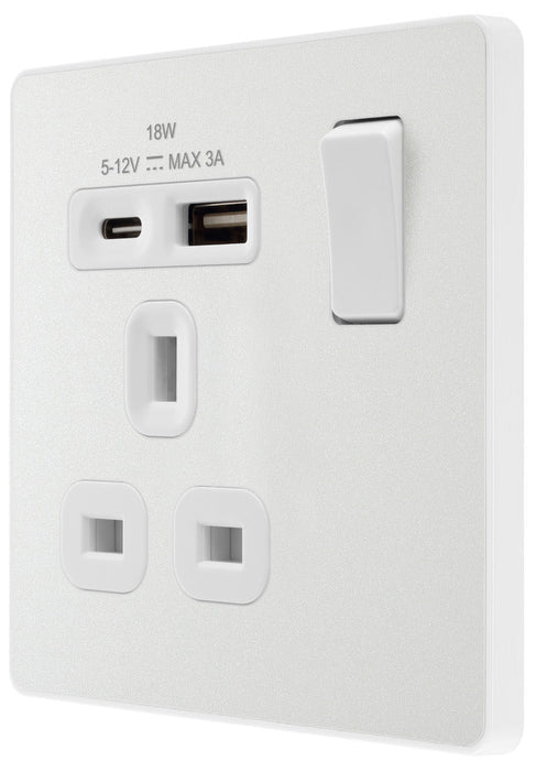 BG Evolve PCDCL21UAC18W 13A Single Switched Power Socket + USB A+C (18W) - Pearlescent White (White)