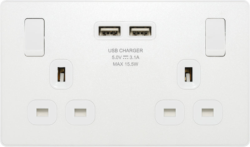 BG Evolve PCDCL22U3W 13A Double Switched Power Socket + 2xUSB(3.1A) - Pearlescent White (White) - westbasedirect.com