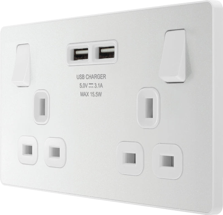 BG Evolve PCDCL22U3W 13A Double Switched Power Socket + 2xUSB(3.1A) - Pearlescent White (White) - westbasedirect.com