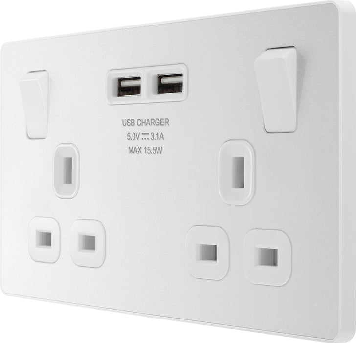 BG Evolve PCDCL22U3W 13A Double Switched Power Socket + 2xUSB(3.1A) - Pearlescent White (White) - westbasedirect.com