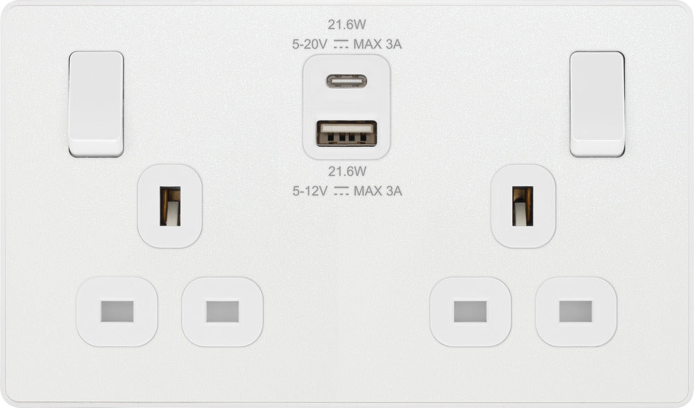 BG Evolve PCDCL22UAC22W 13A Double Switched Power Socket + USB A+C (22W) - Pearlescent White (White) - westbasedirect.com