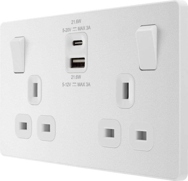 BG Evolve PCDCL22UAC22W 13A Double Switched Power Socket + USB A+C (22W) - Pearlescent White (White) - westbasedirect.com