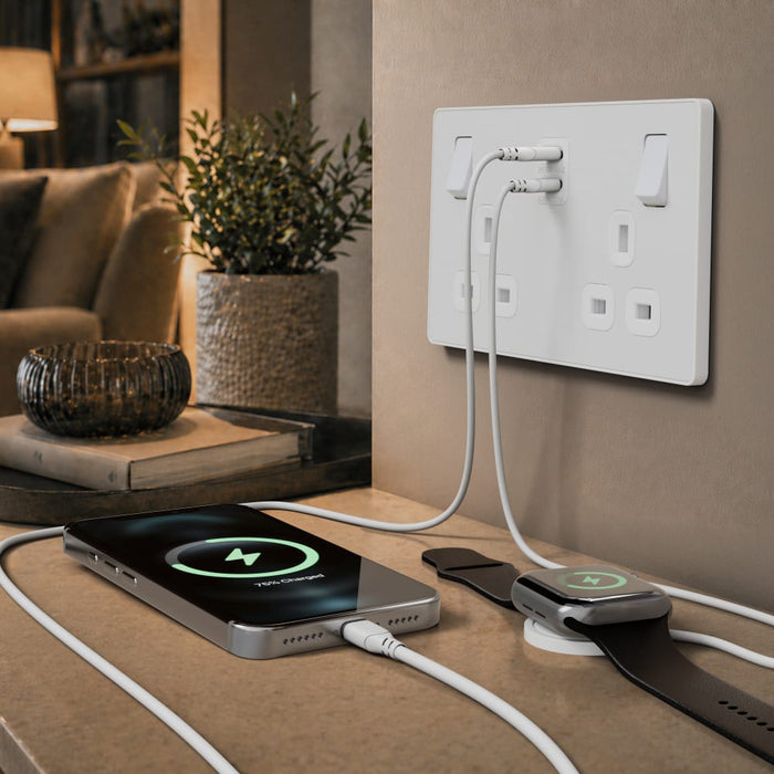 BG Evolve PCDCL22UCC22W 13A Double Switched Power Socket + 2xUSB-C (22W) - Pearlescent White (White)
