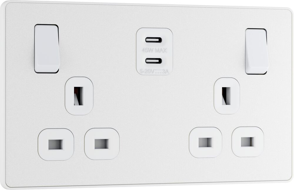 BG Evolve PCDCL22UCC45W 13A Double Switched Power Socket + 2xUSB-C (45W) - Pearlescent White (White)