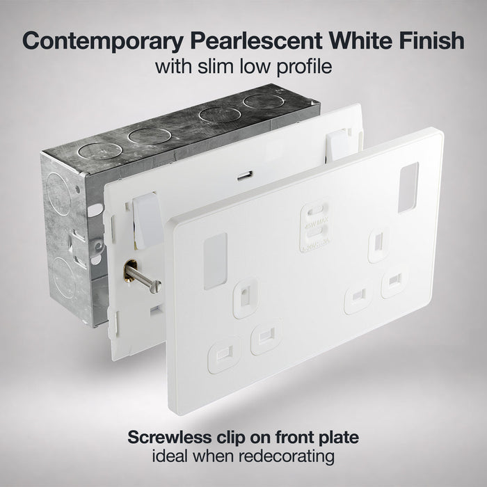 BG Evolve PCDCL22UCC45W 13A Double Switched Power Socket + 2xUSB-C (45W) - Pearlescent White (White)