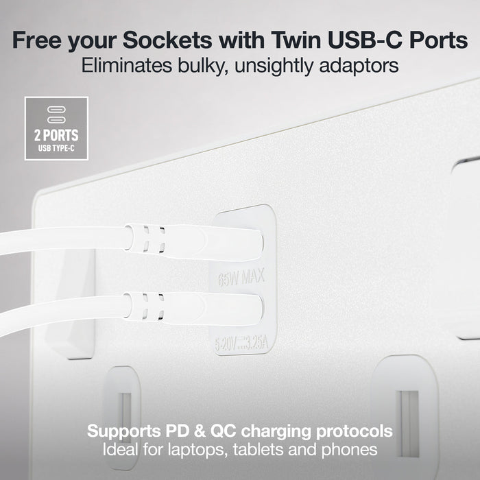 BG Evolve PCDCL22UCC65W 13A Double Switched Power Socket + 2xUSB-C (65W) - Pearlescent White (White)