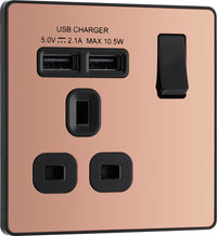 BG Evolve PCDCP21U2B 13A Single Switched Power Socket + 2xUSB(2.1A) - Polished Copper (Black)