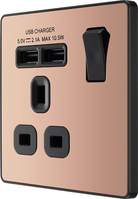 BG Evolve PCDCP21U2B 13A Single Switched Power Socket + 2xUSB(2.1A) - Polished Copper (Black) - westbasedirect.com