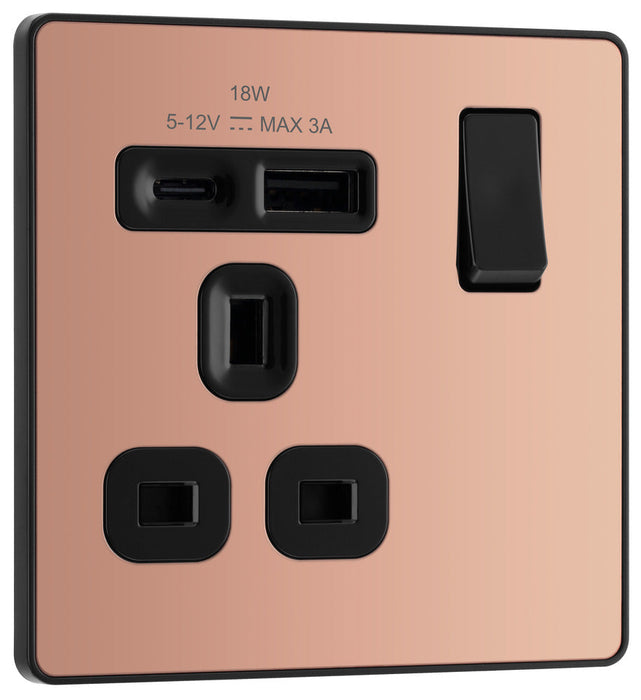 BG Evolve PCDCP21UAC18B 13A Single Switched Power Socket + USB A+C (18W) - Polished Copper (Black)