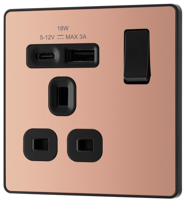 BG Evolve PCDCP21UAC18B 13A Single Switched Power Socket + USB A+C (18W) - Polished Copper (Black)