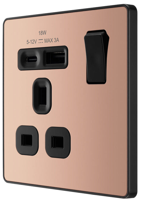 BG Evolve PCDCP21UAC18B 13A Single Switched Power Socket + USB A+C (18W) - Polished Copper (Black)