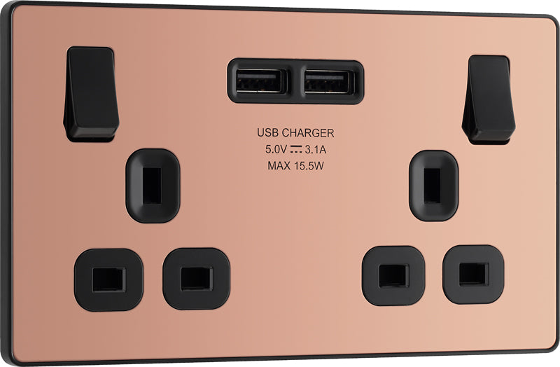 BG Evolve PCDCP22U3B 13A Double Switched Power Socket + 2xUSB(3.1A) - Polished Copper (Black) - westbasedirect.com